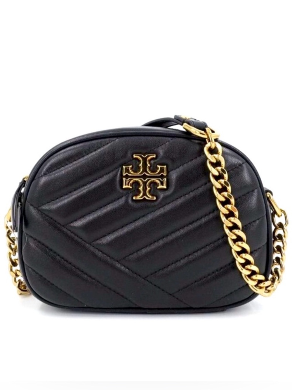 Tory Burch Black Quilted Leather Crossbody with Gold Chain